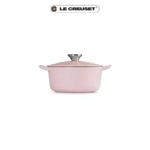 【Le Creuset】琺瑯鑄鐵鍋圓鍋 18cm(雪紡粉-鋼頭-內鍋白)