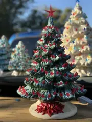 Vintage 1980 16" Green Ceramic Christmas Tree With Red Lights