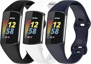 3 Pack Slim fit Bands Compatible with Fitbit Charge 6/Charge 5 Smartwatch Bracelet Soft Silicone Replacement Sport Wristband Straps for Women Men