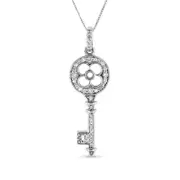 0.25 CT. T.W. Natural Diamond Clover-Top Key Pendant in 14K White Gold
