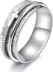 Solid 925Sterling Silver Cross & Stress Spinner Band Ring Gift For Women Wedding