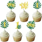 Jungle Safari Monstera Leaf One Cupcake Toppers Wild One Toppers Gold Green Glitter 1st Birthday Party Decoration