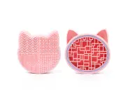Makeup Brush Cleaning Mat with Brush Drying Holder, Silicon Cat Shaped Brush Cleaner Pad include Cosmetic Brush Organizer Rack - Pink