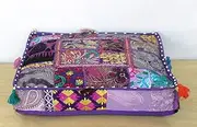 Traditional Indian Square Decorative Patchwork Pouf Cover Living Room Pouf Ottoman Embroidered Designer Home Footstool Chair Bohemian Decor Pouffe Seat Vintage Pouf Foot Stool Floor Pillow Cushion Cover (22 x 22 x 5 Inches, Purple)