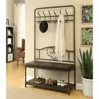 Black Metal Hall Tree Padded Bench Mirror Coat Rack Entryway Storage Hook Hanger
