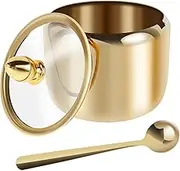 MABCIRY Sugar Container with Clear Glass Lid and Spoon, Gold 304 Stainless Steel Sugar Bowl, 10oz Sugar Jar, Safe Seasoning Box, Multifunctional Condiment Pot for Salt Candy Coffee Bean