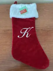 MONOGRAM INITIAL “K” CHRISTMAS STOCKING LARGE FLUFFY & RED + WHITE TRIM 20” NWT