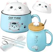 FoldTier Set of 2 Ceramic Cat Mug and Ramen Bowl with Lid 15.2 oz Microwave Cat Coffee Cup 34.5 oz Ramen Bowl with Lid Chopsticks Spoon for Christmas Birthday Gifts(Blue)