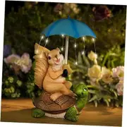 Solar Garden Statue Outdoor Decor, Squirrel Siting on Turtle Statue with