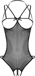 [Jhaoyu] Women Seethrough Mesh Crotchless Bodysuit Hollow Out Backless Cupless Teddy Lingerie Nightwear
