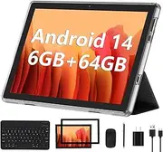 Android 14 Tablet 2025 New 10 Inch Tablets with 6GB RAM + 64GB ROM + 1TB Expanded Ouad-Core, 2 in 1 Tableta with Keyboard Mouse WiFi 6 Bluetooth, GMS Certified IPS Touch Screen Tablet - Black Set