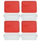 Pyrex 7211 6-Cup Glass Dish w/ 7211-PC 6-Cup Poppy Red Plastic Lid (4-Pack)