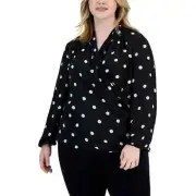 Anne Klein Plus Chiffon Polka Dot Blouse Women's 1X Black/White Side Zip L/S