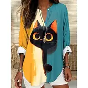 Women's Summer Tops Graphic Animal Cat Vintage Tropical Hawaiian Long Sleeve V Neck Regular Tops Daily Holiday Beach Wear Print Yellow Light Green Blue Orange