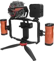 Smartphone Video Rig with Dual Handle, Filmmaking Vlogging Case, Phone Video Stabilizer Grip with Microphone Fill Light, for Mobile Photography