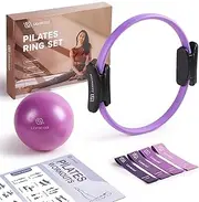 LIONSCOOL Pilates Ring Set - Premium Anti-Deformation 14”Magic Circle with Dual Padded Handles - Includes Burst Resistant Pilates Mini Ball & Highly Elastic Resistance Bands & Workout Guide & Bag