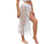 Women Sexy Hollow Out Mesh Tassle Skirts Beach Cover Up Summer Fish Net Swimsuit Wrap Swimwear - White