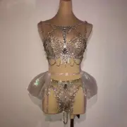 BikiniPerformance Stage GlistenSilver RhinestonesChain Bra Shorts Belt 3 Pieces