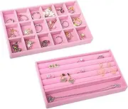 Nwvuop Pack of 2 Jewellery Trays, Velvet Jewellery Storage Drawer, Stackable Jewellery Organiser for Earrings, Necklace, Bracelet, Ring, 21 x 12.3 x 2.5 cm (Pink)