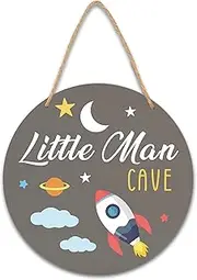 TIOFUNO Little Man Cave Sign, Space Themed Bedroom Decor, Outer Space Nursery Room Decor, Boys Kids Playroom Classroom Wall Art, 10 in Wooden Plaques Decorations -C01