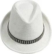 (Approx.56-58cm for Adult, White beads) - COMVIP Adult Child Gangster Cap Fedora Panama Beach Sun pp Straw Hat