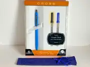 CROSS BRIGHT BLUE CLICK PEN W/ANODIZED CLIP & POUCH W EXTRA REFILLS #AT0625H-/15