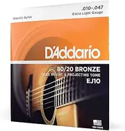 [D'Addario] Acoustic Guitar Strings - 80/20 Bronze - For 6 String Guitars - Deep, Bright, Projecting Tone - EJ10 - Extra Light, 10-47