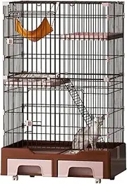 3-Tier Wire Cat Cage Playpen Kennel - Cat Crate with Storage Drawers and Cat Litter Box Large Space for 1-3 Cats - Cat Crate with 2 Platforms 2 Front Doors 1 Ramp Ladders,Brown
