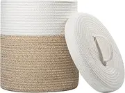 Lidded Storage Basket, Medium Cotton Rope Basket with Lid, Small Round Storage Basket for Nursery, Living Room, Kids, Blanket, Toys (12''D * 13.5''H, Brown & White)