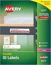 Avery Durable White Cover Up ID Labels for Laser Printers, 0.625" x 3", Pack of 1600 (6577)