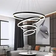 BAMDECOR Modern LED Chandelier, Dimmable Pendant Light with Remote Control Rings Round Ceiling Lighting Fixture 3 Color Temperatures Contemporary Chandeliers (4 Rings-Black)