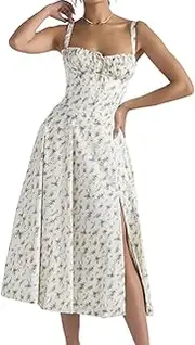 [Koufeil] Print Bustier Sundress, 2023 Trendy Women Cutout Backless Maxi Dress, Spaghetti Strap Sleeveless Split Womens Long Dresses Casual (M,Green)