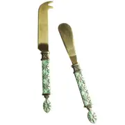 2pc LVD Brass Cheese/Butter Knife Spatula Spreader Faro Cutlery Gold/Green