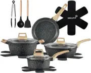 14 Pcs Pots and Pans Set Non Stick, Induction Black Cooking Set with Frying Pans