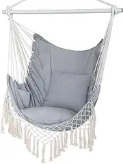 Hammock Chair, Hanging Rope Swing Seat with 2 Cushions,Macrame Hanging Chair Side Pocket with High Load-Bearing Metal Rod,for Indoor, Outdoor, Extra Comfortable