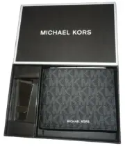 MICHAEL KORS 2-PC SET Jet Set Black MK Signature Men's Wallet & Money Clip + BOX