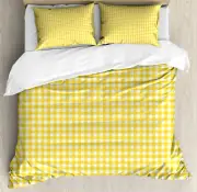 Checkered Duvet Cover Set with Pillow Shams Retro English Yellow Print