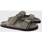 Mens Grey Faux Suede Stitch Detail Double Strap Sandal