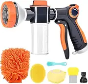 EVILTO Dog Wash, 8 Way Spray Pattern Garden Hose Nozzle with Soap Dispenser, Dog Wash Supplies with 2 type Dog Bath Brush, Dog Comb and Toothbursh, Car Wash Mitt for Washing Cars & Pets