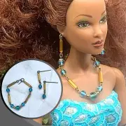 Blue Brown Gold Glass Beaded Doll Necklace Earrings Set • 16 Inch Doll Jewelry