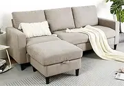 Advwin 3 Seater Sofa, Linen L-Shaped Convertible Sofa Couch with Storage Ottoman, 198 x 134 x 84cm, Beige