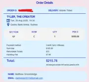 Tyler the Creator Sydney Chromakopia Ticket. Aug 26, 7:30PM