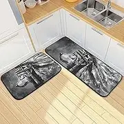 XYMZR Kitchen Mat Wolf Chief Black White for Floor, 2 Piece, Non Slip Washable Kitchen Rugs for Kitchen & Home Decor, Sink, Bathroom 19.7” x 27.6” + 19.7” + 47.2”