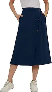 [Chartou] Women's Summer Linen Elastic Back Buttoned Swing Midi A Line Skirt