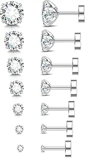 [LYLYMIMI] 7 Pairs Stainless Steel Hypoallergenic Stud Earrings for Women Men CZ Earrings Piercing Ear Cartilage Silver Tone 20G 2MM-8MM