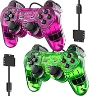 Wired Controller for PS2 Double Shock, 2 Pack Gamepad Remote Compatible with Play Station 2 (Clear Purple and Clear Grean)