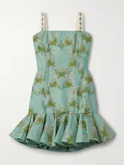 [Agua by Agua Bendita] Agua by Agua Bendita - Tumbao Orquidea Ruffled Appliquéd Embroidered Linen Mini Dress - Green - x small x small Green
