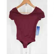 Danskin Girls Sz M (8-10) Burgundy Red Short Sleeve Dance Leotard NEW