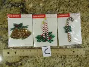 3 Hand beaded Christmas ornaments candle candy cane bells can be sewn or stuck C