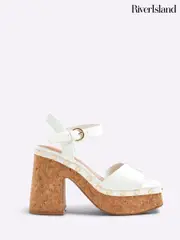 River Island White Cork Platform Sandals (W60639) | $129